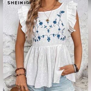 White Oversized Babydoll Top with Blue Embroidery